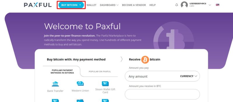 Paxful homepage with buy bitcoin menu highlighted