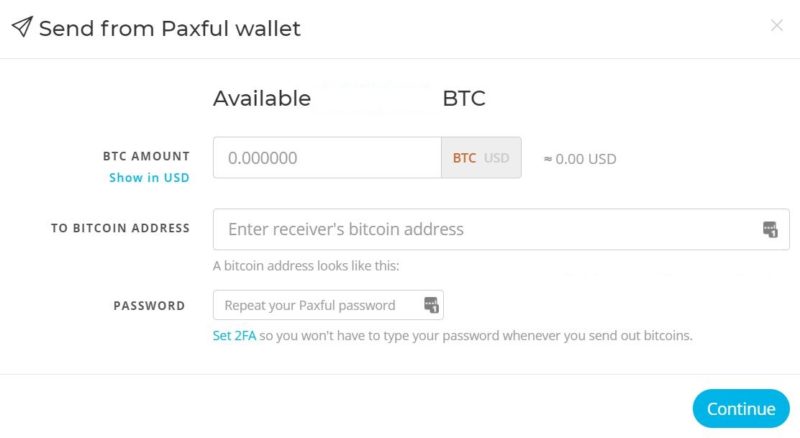 Screenshot of fill out details when sending out bitcoin on Paxful
