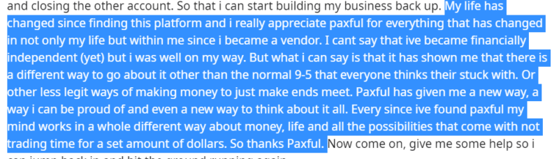 Example of positive feedback from a Paxful customer
