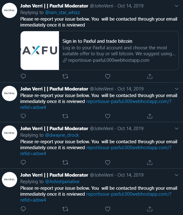 A Twitter thread of a user posing as an admin of Paxful and trying to scam people