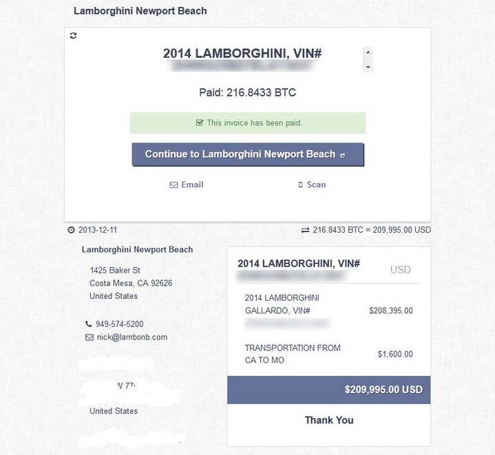Receipt of 2014 Lamborghini Gallardo purchase using BTC