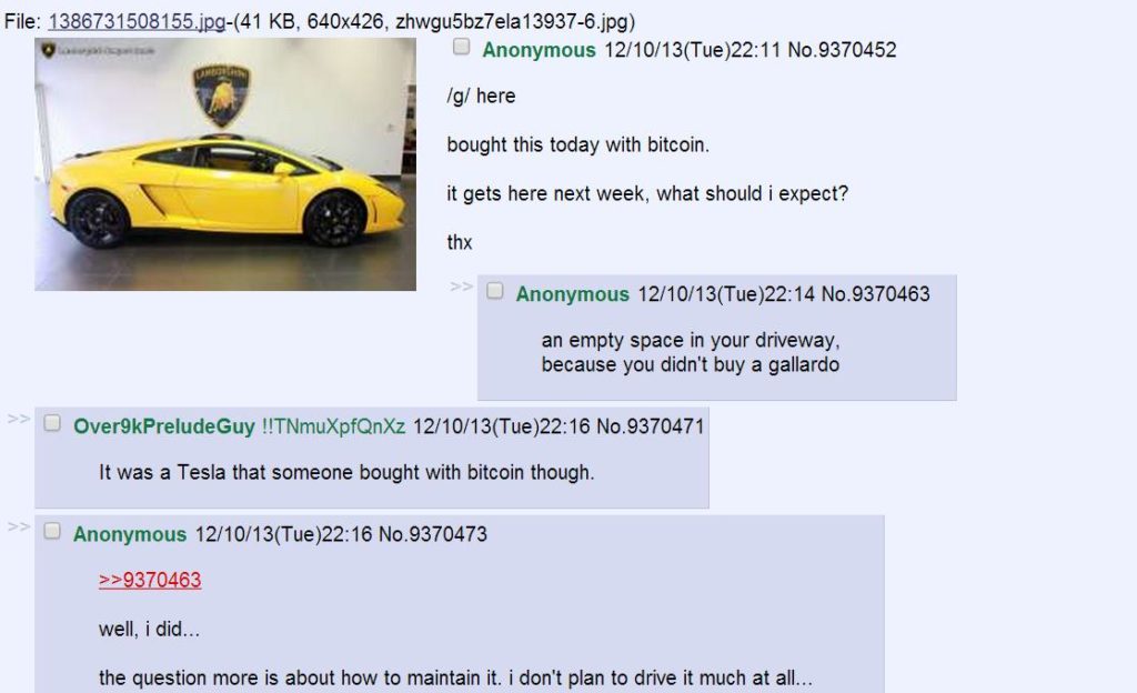 4chan post about Lambo bought with bitcoin