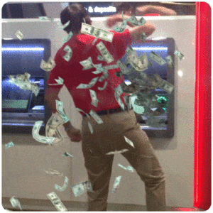 man dancing in front of ATM