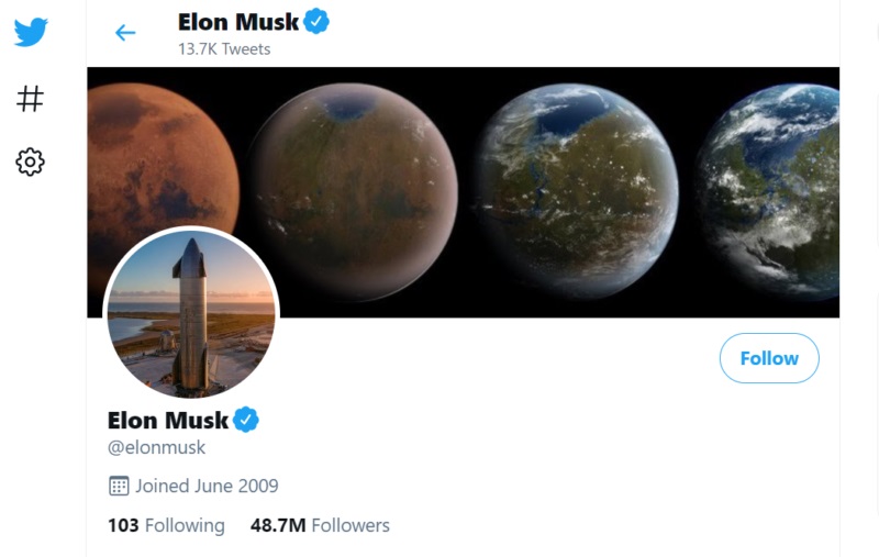 Perfil de Elon Musk en Twitter